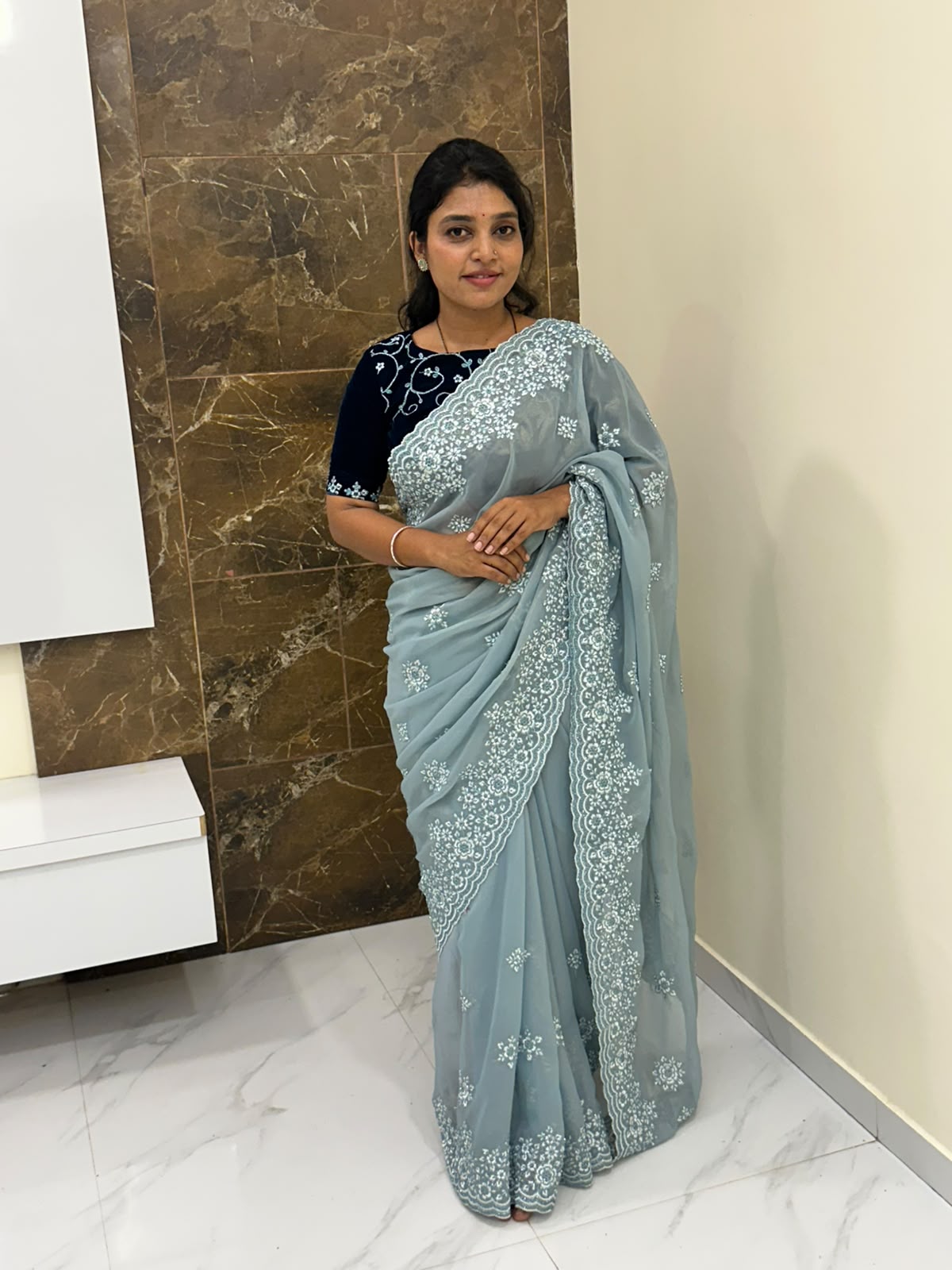 Organza Saree with White Embroidery 1101